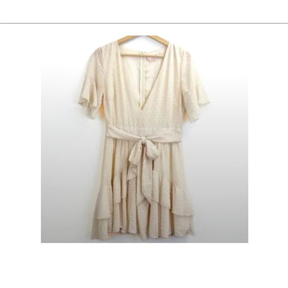 V-Neck RUFFLED Beige Swiss Dot Mini Dress - Showpo - Size 6 - Picture 5 of 7